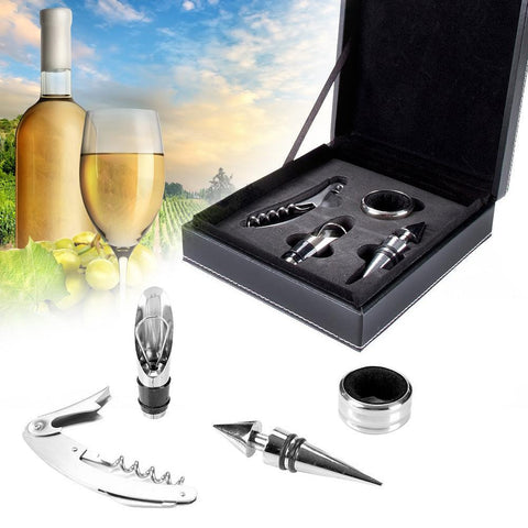 4 in 1 Stainless Steel Wine Accessory Tool Set with Leather Case