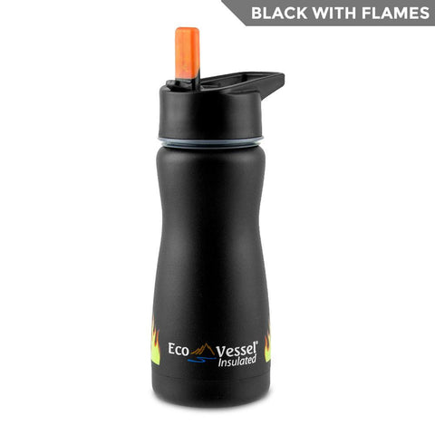Frost Kids 13oz Insulated Bottle with Straw Top, Black with Flames