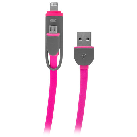 2-in-1 Charge and Sync Cable w- microUSB and Lightning Connectors, Pink
