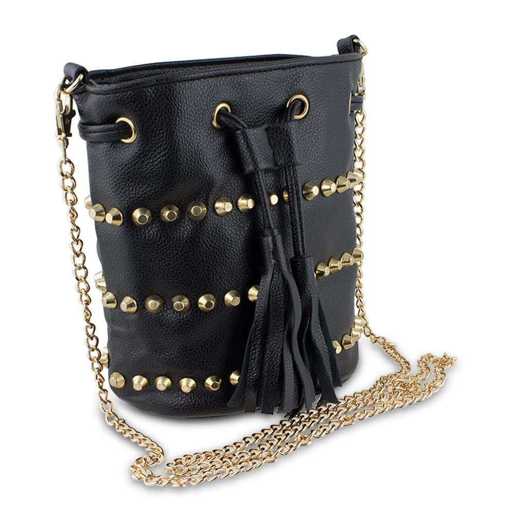 Mad Style Studded Drawstring Crossbody Bag, Black