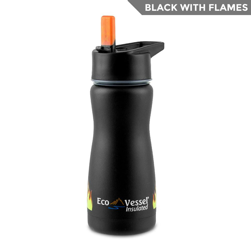 Frost Kids 13oz Insulated Bottle with Straw Top, Black with Flames