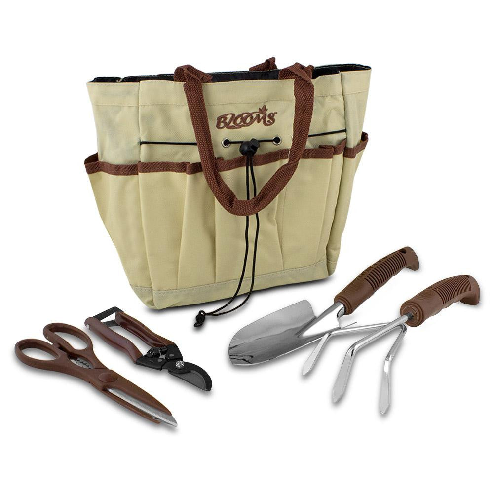 Blooms 5-Piece Gardening Tool Set (Tan Canvas Bag)